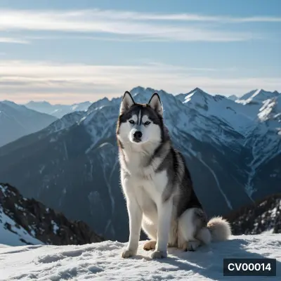 Chó Husky lông xám trắng ngồi giữa trời xanh và dãy núi phủ tuyết trắng xóa.