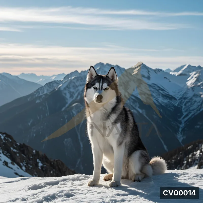 Chó Husky lông xám trắng ngồi giữa trời xanh và dãy núi phủ tuyết trắng xóa.