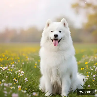 Hình ảnh chú chó Samoyed lông trắng muốt đang mỉm cười giữa cánh đồng hoa vàng và cỏ xanh mướt.