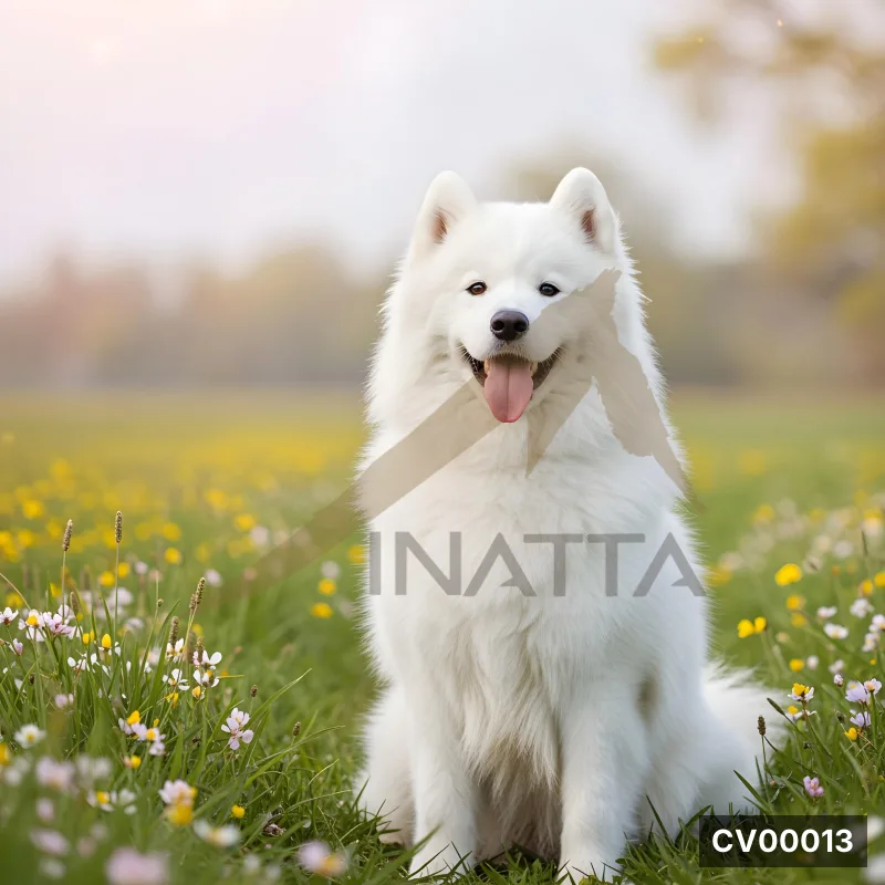 Hình ảnh chú chó Samoyed lông trắng muốt đang mỉm cười giữa cánh đồng hoa vàng và cỏ xanh mướt.