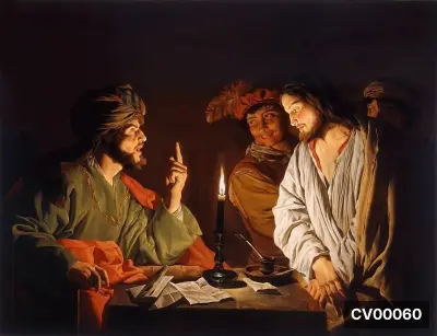 Bức tranh cổ điển tả cảnh Chúa Giê-su đứng trước Thượng tế Cai-pha dưới ánh nến.
