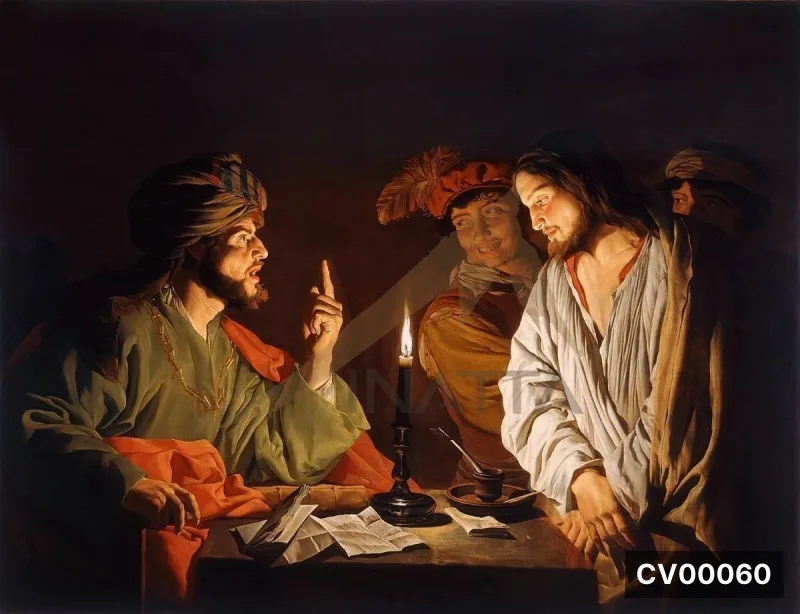 Bức tranh cổ điển tả cảnh Chúa Giê-su đứng trước Thượng tế Cai-pha dưới ánh nến.