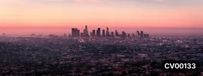 Toàn cảnh thành phố Los Angeles trong ánh hoàng hôn rực hồng với các tòa nhà cao tầng làm điểm nhấn.