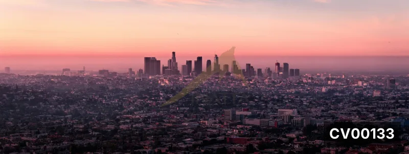 Toàn cảnh thành phố Los Angeles trong ánh hoàng hôn rực hồng với các tòa nhà cao tầng làm điểm nhấn.