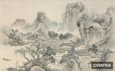 Tranh sơn thủy cổ phong cách Á Đông: ngôi làng mái ngói, sông nước và núi đá xám tro.