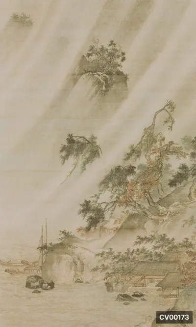 Tranh sơn thủy thủy mạc tông màu nâu nhạt, núi đá, hành lang mái ngói và bến thuyền.