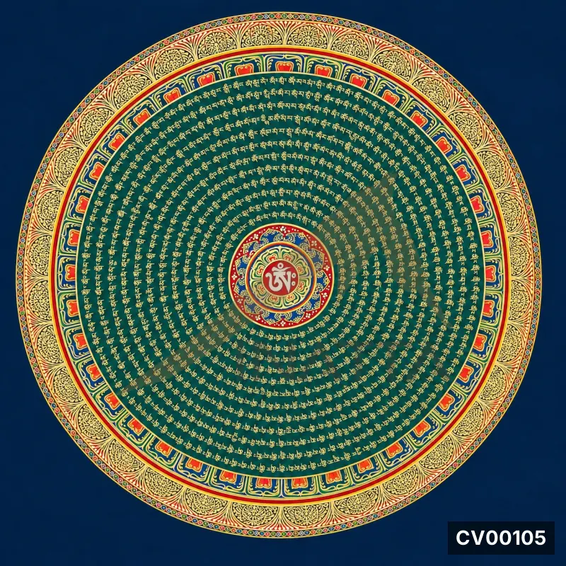 Tranh mandala tròn nền xanh lam, nhiều vòng chân ngôn vàng, tâm có ký tự trắng trên nền đỏ.