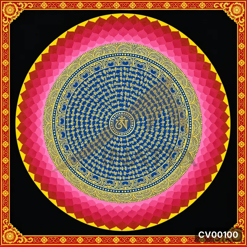 Tranh Mandala cửa sổ với lớp cánh hoa hồng magenta, nền vàng, nội tâm xanh chàm có dòng chữ tiếng nước ngoài
