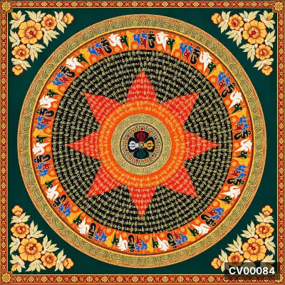 Mandala vòng tròn chữ Tạng nhiều màu, hoa văn đỏ cam vàng trên nền xanh thẫm, hoa sen vàng góc tranh.