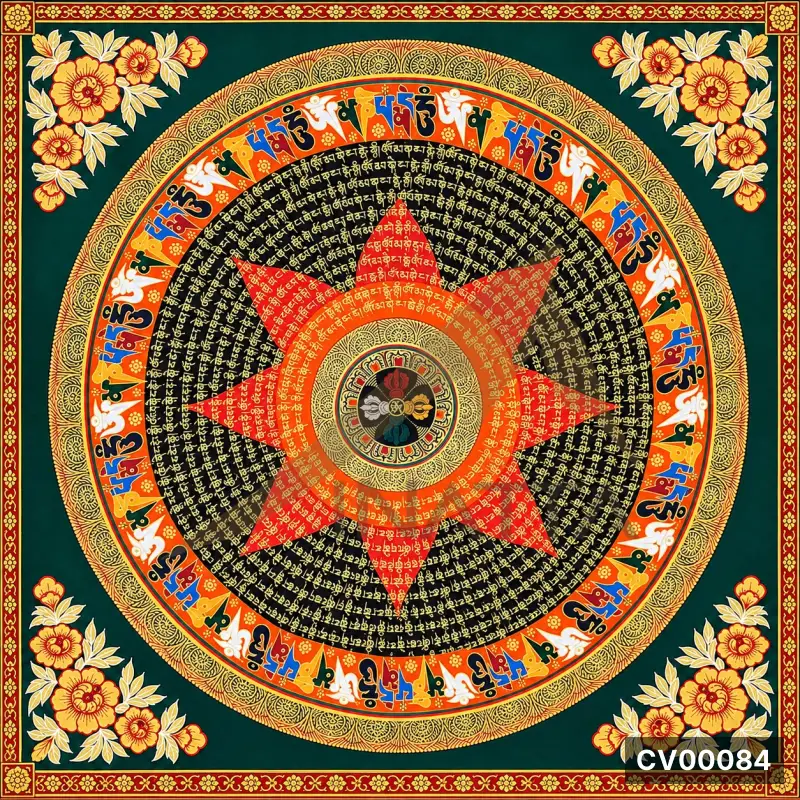 Mandala vòng tròn chữ Tạng nhiều màu, hoa văn đỏ cam vàng trên nền xanh thẫm, hoa sen vàng góc tranh.
