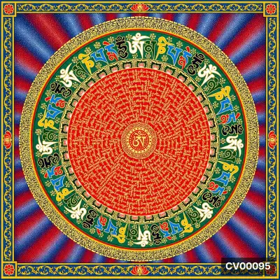Mandala tròn đỏ vàng trên nền sọc đỏ xanh, hoa văn vàng và hoa mẫu đơn ở bốn góc.
