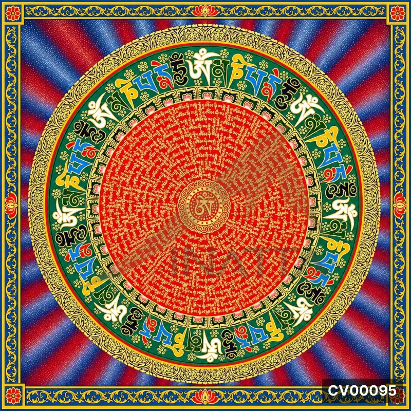 Mandala tròn đỏ vàng trên nền sọc đỏ xanh, hoa văn vàng và hoa mẫu đơn ở bốn góc.