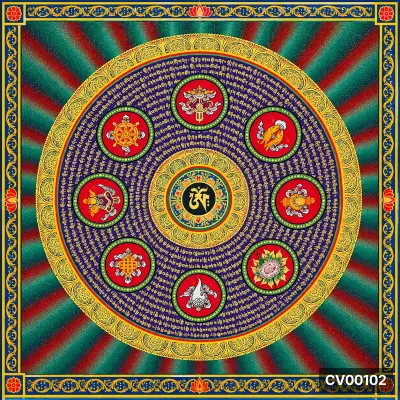 Mandala tròn nền xanh chàm, dòng chữ Tây Tạng màu vàng, tám tượng pháp trên nền đỏ, viền hoa văn vàng.