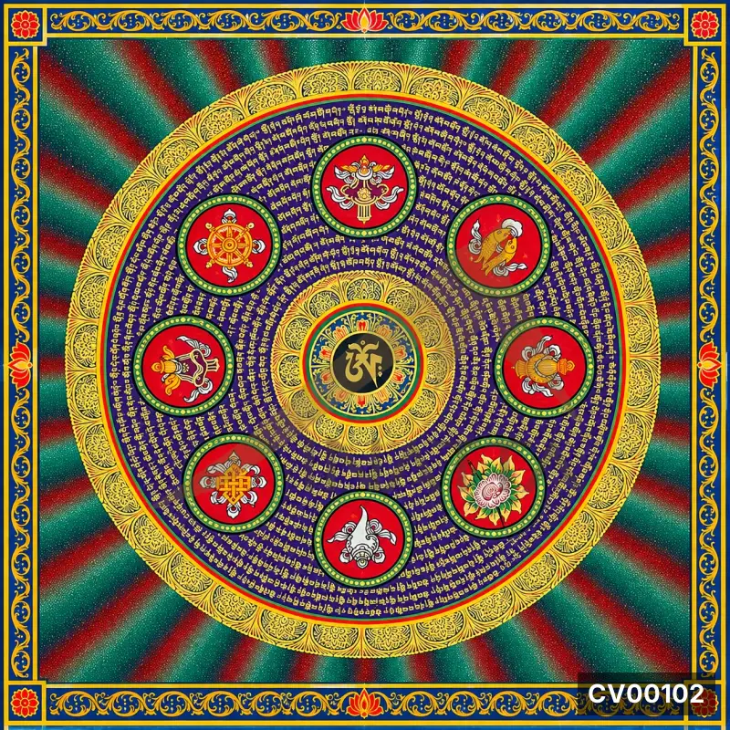 Mandala tròn nền xanh chàm, dòng chữ Tây Tạng màu vàng, tám tượng pháp trên nền đỏ, viền hoa văn vàng.