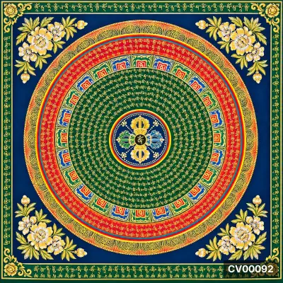Mandala tròn nhiều lớp chữ mật chú và hoa văn vàng trên nền xanh chàm, bốn góc vẽ hoa trắng vàng.