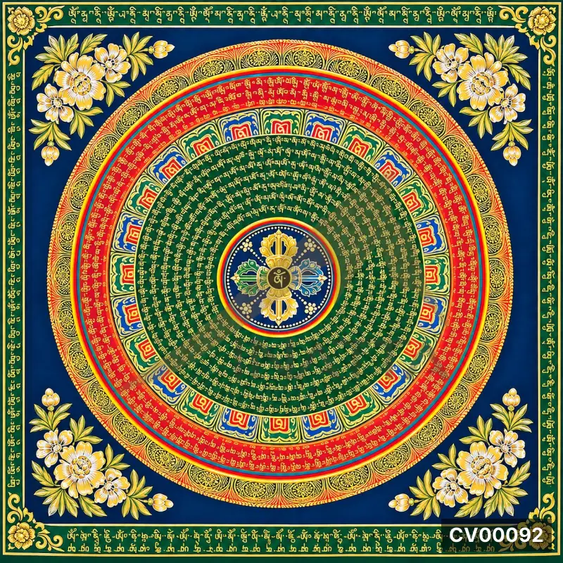 Mandala tròn nhiều lớp chữ mật chú và hoa văn vàng trên nền xanh chàm, bốn góc vẽ hoa trắng vàng.