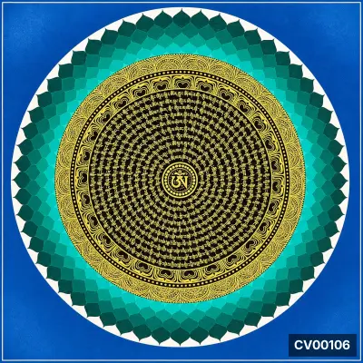 Mandala tròn nền xanh lam, hoa văn vàng đồng tâm và các dòng chữ viết dọc trên nền đen.