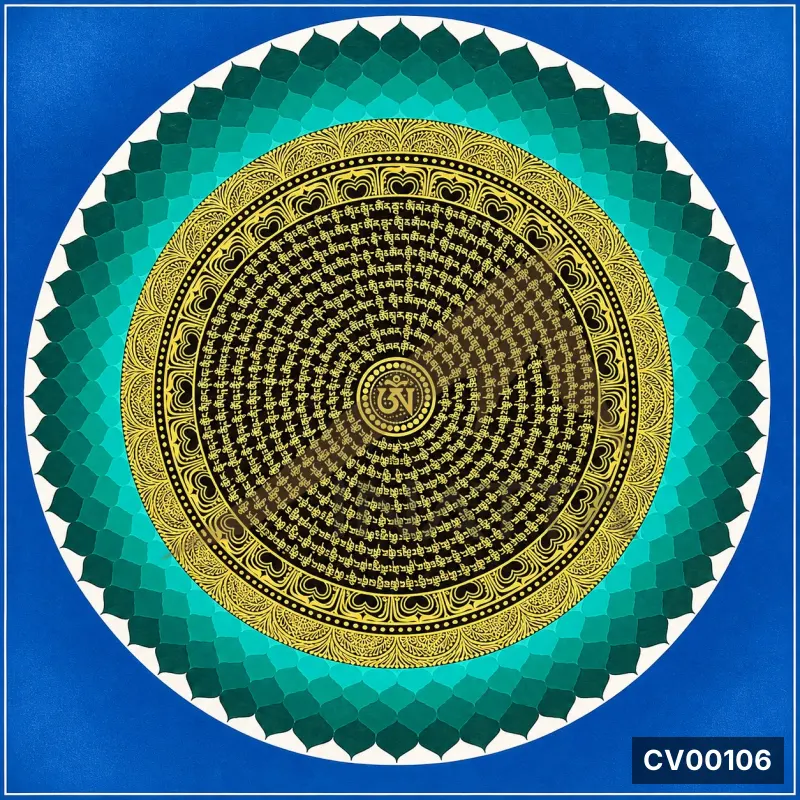 Mandala tròn nền xanh lam, hoa văn vàng đồng tâm và các dòng chữ viết dọc trên nền đen.