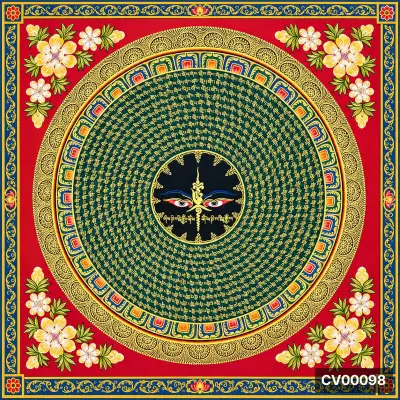 Tranh Mandala tròn nền đỏ, vòng chữ vàng xanh lá, hai mắt trung tâm, hoa vàng trắng bốn góc.