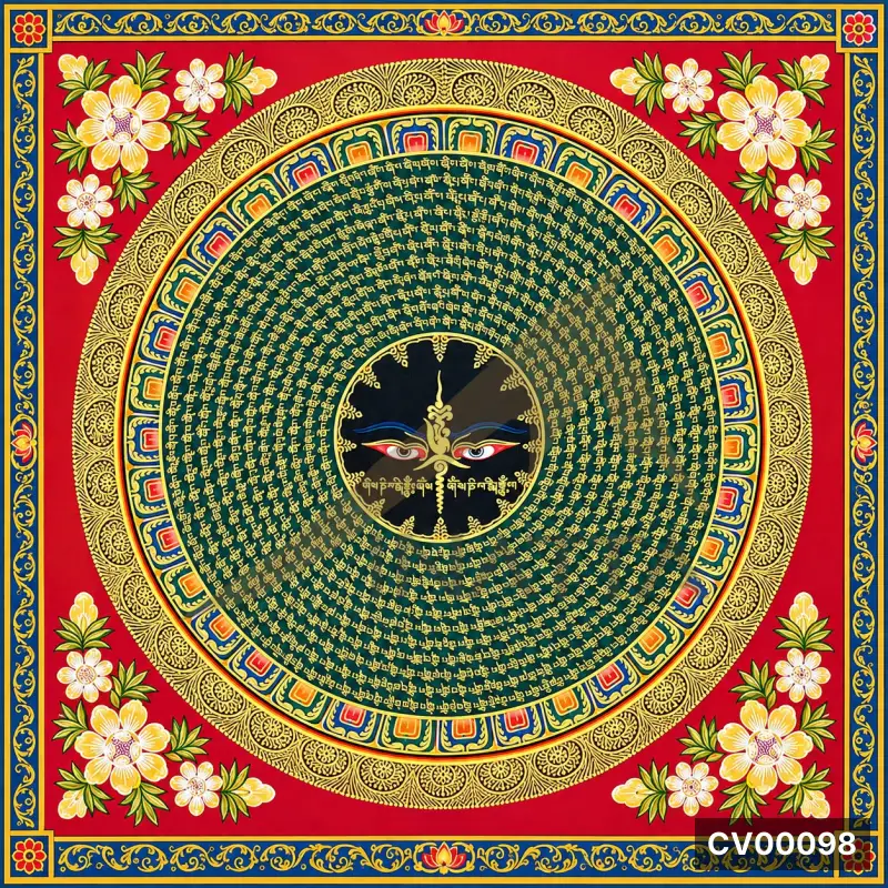 Tranh Mandala tròn nền đỏ, vòng chữ vàng xanh lá, hai mắt trung tâm, hoa vàng trắng bốn góc.