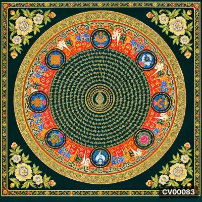 Mandala tròn nhiều màu với chữ Tạng viết dọc, viền hoa vàng trên nền xanh đen