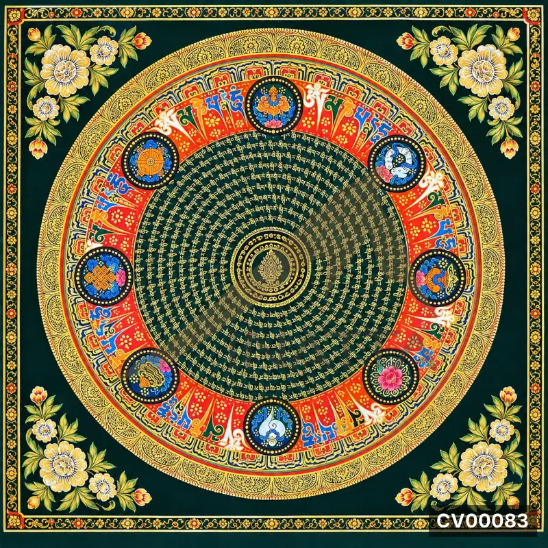 Mandala tròn nhiều màu với chữ Tạng viết dọc, viền hoa vàng trên nền xanh đen