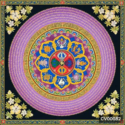 Tranh Mandala vuông, nền đen, hoa văn tròn nhiều lớp màu tím, vàng, đỏ, xanh lam, có dòng chữ nước ngoài.