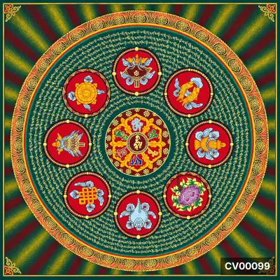 Mandala tám phúc khánh Tây Tạng, tám vòng tròn đỏ bao quanh tâm hoa sen, nền sọc xanh đỏ và viền hoa văn vàng.