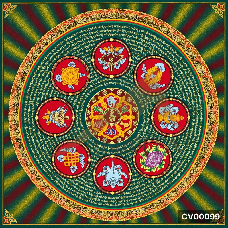 Mandala tám phúc khánh Tây Tạng, tám vòng tròn đỏ bao quanh tâm hoa sen, nền sọc xanh đỏ và viền hoa văn vàng.