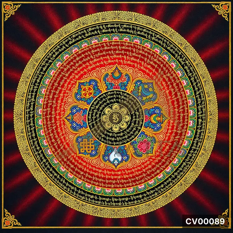 Mandala tròn hoa văn vàng đỏ xanh, viền hoa văn vàng, nhiều dòng chữ Tạng xếp vòng đồng tâm, nền đen đỏ loang