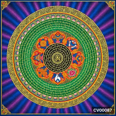 Mandala tròn nền xanh tím, tâm chữ Om vàng, vòng hoa sen đỏ, các biểu tượng tôn giáo và chữ Phạn