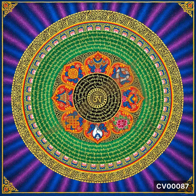 Mandala tròn nền xanh tím, tâm chữ Om vàng, vòng hoa sen đỏ, các biểu tượng tôn giáo và chữ Phạn