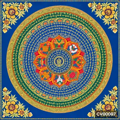 Mandala tròn nhiều vành hoa văn vàng, xanh ngọc, đỏ trên nền xanh chàm, bốn góc điểm hoa vàng.