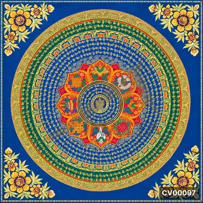 Mandala tròn nhiều vành hoa văn vàng, xanh ngọc, đỏ trên nền xanh chàm, bốn góc điểm hoa vàng.