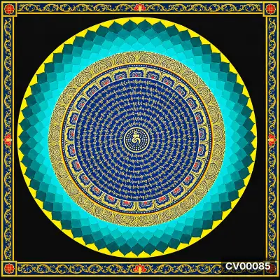 Bức tranh Mandala tròn vẽ hoa văn vàng trên nền xanh ngọc và đen, có dòng chữ viết theo vòng xoáy ở giữa.
