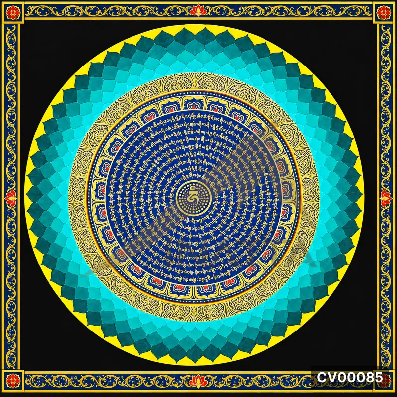 Bức tranh Mandala tròn vẽ hoa văn vàng trên nền xanh ngọc và đen, có dòng chữ viết theo vòng xoáy ở giữa.