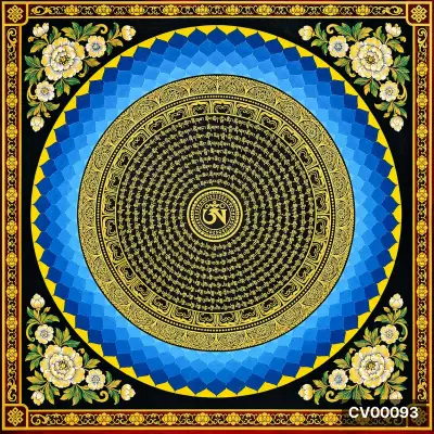 Mandala tròn tông lam, vàng và đen, dòng chữ cổ xoay ốc, bốn góc hoa mẫu đơn trắng vàng trên nền đen.