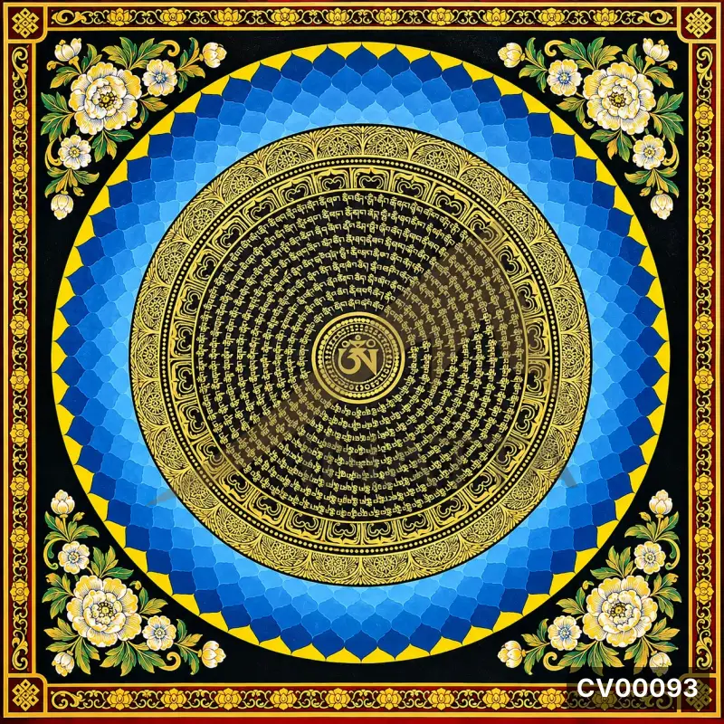 Mandala tròn tông lam, vàng và đen, dòng chữ cổ xoay ốc, bốn góc hoa mẫu đơn trắng vàng trên nền đen.