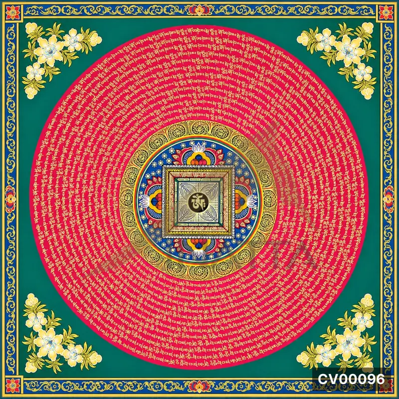Mandala tròn nền hồng với dòng chữ Tibetan, viền xanh ngọc, hoa trắng vàng ở bốn góc.