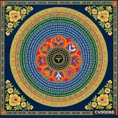 Mandala Tây Tạng tròn nhiều lớp, hoa văn vàng xanh đỏ, tâm là hoa sen, nền xanh chàm, hoa cúc vàng bốn góc