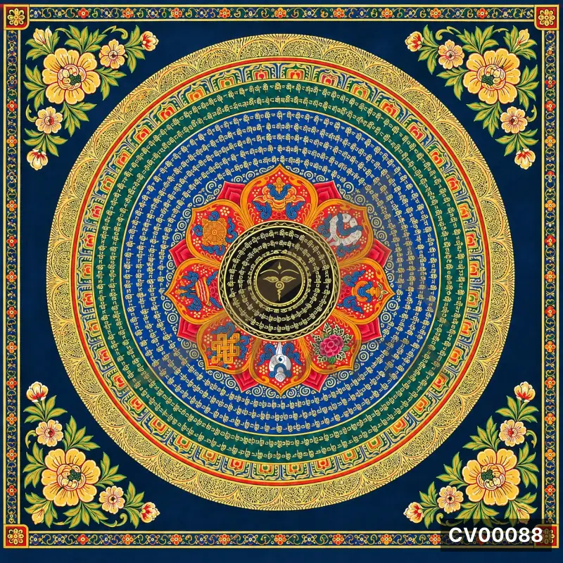 Mandala Tây Tạng tròn nhiều lớp, hoa văn vàng xanh đỏ, tâm là hoa sen, nền xanh chàm, hoa cúc vàng bốn góc