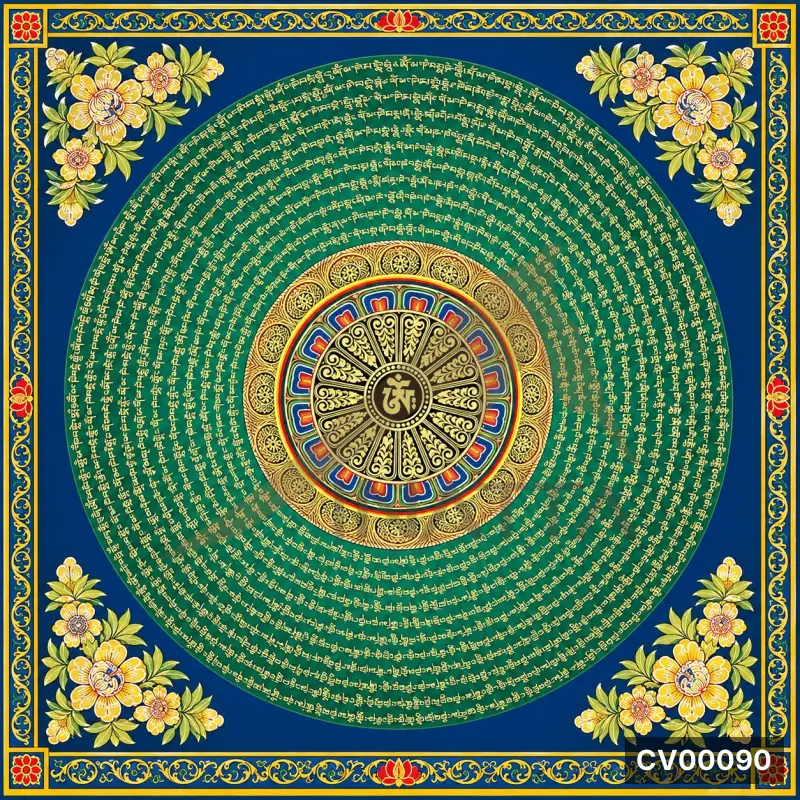 Mandala tròn nền xanh lá, viền hoa vàng trên nền xanh chàm, tâm chữ vàng.