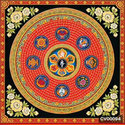 Mandala tròn nền đen viền hoa văn đỏ vàng, trung tâm Bồ Tát, bốn góc hoa mẫu đơn trắng vàng