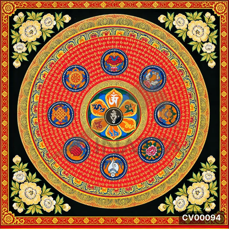 Mandala tròn nền đen viền hoa văn đỏ vàng, trung tâm Bồ Tát, bốn góc hoa mẫu đơn trắng vàng