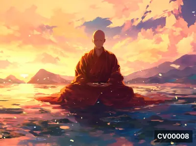 Hình vẽ nhà sư mặc áo cà sa đỏ ngồi thiền trên mặt nước lúc hoàng hôn vàng rực rỡ phong cách anime