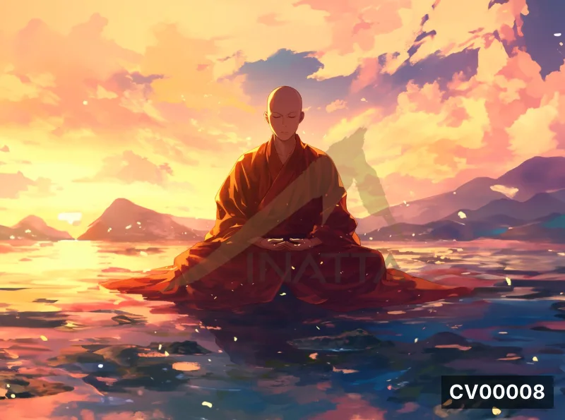 Hình vẽ nhà sư mặc áo cà sa đỏ ngồi thiền trên mặt nước lúc hoàng hôn vàng rực rỡ phong cách anime