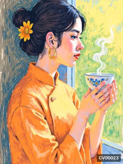Chị gái mặc áo cam uống trà hoa, tóc búi cài cúc vàng, nhìn ra cửa sổ sáng xanh vàng, khói trà bay lên.