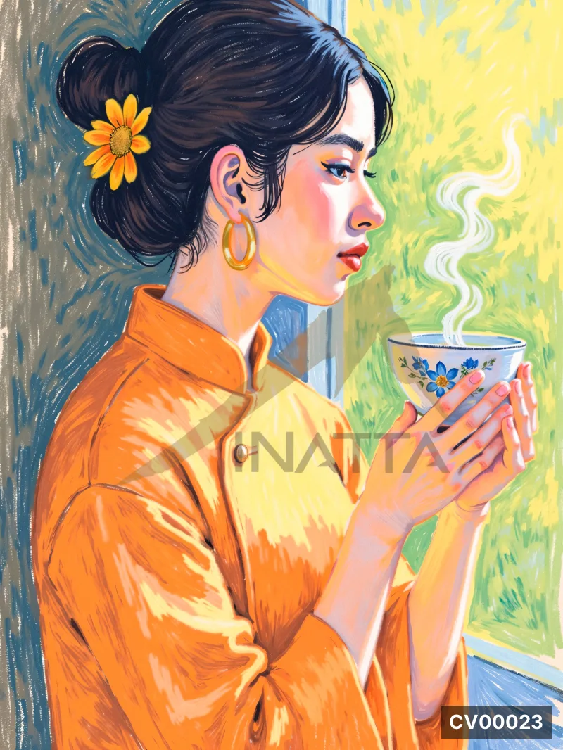 Chị gái mặc áo cam uống trà hoa, tóc búi cài cúc vàng, nhìn ra cửa sổ sáng xanh vàng, khói trà bay lên.