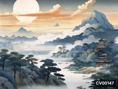 Tranh canvas sơn thủy Nhật Bản: núi tuyết, rừng tùng, bảo tháp mái đỏ, cầu cong, mặt trăng tròn trên nền hoàng hôn cam