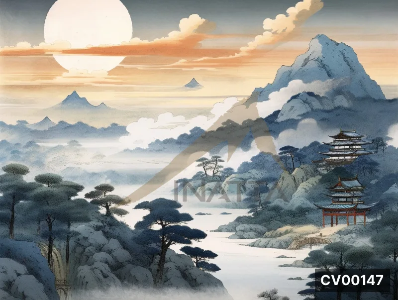 Tranh canvas sơn thủy Nhật Bản: núi tuyết, rừng tùng, bảo tháp mái đỏ, cầu cong, mặt trăng tròn trên nền hoàng hôn cam